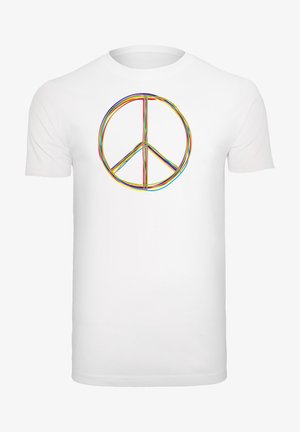 Tricou alb din bumbac, cu un design multicolor al semnului păcii, creat cu linii subțiri, curbe în roșu, albastru, verde, galben și violet.
