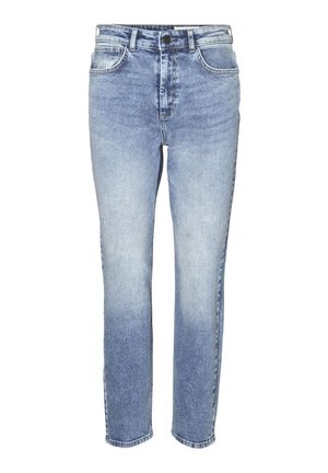 Jeans in denim blu chiaro con una vestibilità dritta, caratterizzati da un classico design a cinque tasche, chiusura con bottone e leggera scoloritura.