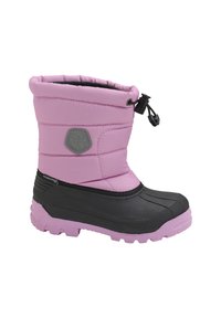 Rosa isolerad stövel med quiltat ovansidan, svart gummi nertill, snörning med dragband och texturerad sula för grepp. Hexagonalt logotyp på sidan.