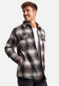 Camicia in flanella a quadri con colori marrone, blu e crema; due tasche sul petto; chiusura frontale con bottoni; tessuto strutturato; colletto classico.