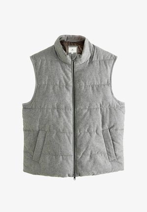 Szary, puchowy kamizelka z wysokim kołnierzem, zamek błyskawiczny i dwie boczne kieszenie. Wykonana z miękkiego materiału o pikowanej teksturze.