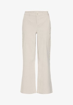 Beež ja valge vertikaalsete triipudega püksid, millel on nööp- ja luku sulgemine, vööaasad ning kergelt lehvivad sääred.