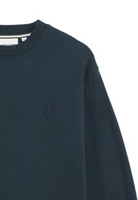 Felpa blu navy in cotone, con colletto a girocollo e un piccolo logo ricamato sul lato sinistro del petto. Texture morbida.