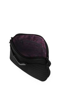 Black textured bag with a diamond pattern, featuring a zip closure. Interior is lined with a pink geometric design.