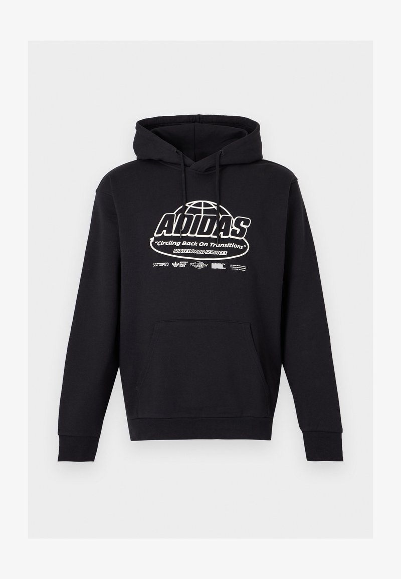 Schwarzer Hoodie mit Fronttasche, Kordelzugkapuze und weißem Adidas-Logo mit einer Weltkugel und dem Text „Circling Back On Transitions Skateboard Services.“