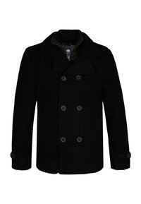 Abrigo de paño negro con diseño de doble botonadura, grandes botones y solapas con muesca. Incluye un forro interior con cremallera y cuello acanalado.