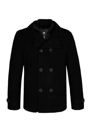 Black wool peacoat with double-breasted design, large buttons, and notch lapels. Includes a zippered inner lining with a ribbed collar.