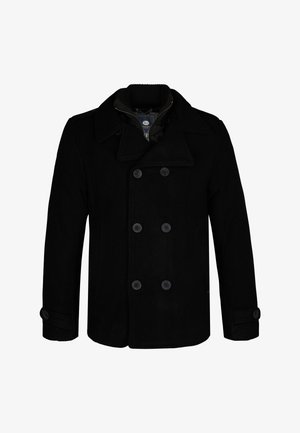 Cappotto peacoat nero in lana con design doppiopetto, bottoni grandi e rever a notche. Include una fodera interna con zip e colletto a coste.