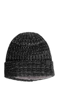 Gebreide beanie in zwart en grijs, met een ribbeltextuur, opvouwbare manchette en een zachte binnenvoering met een klein merkje.
