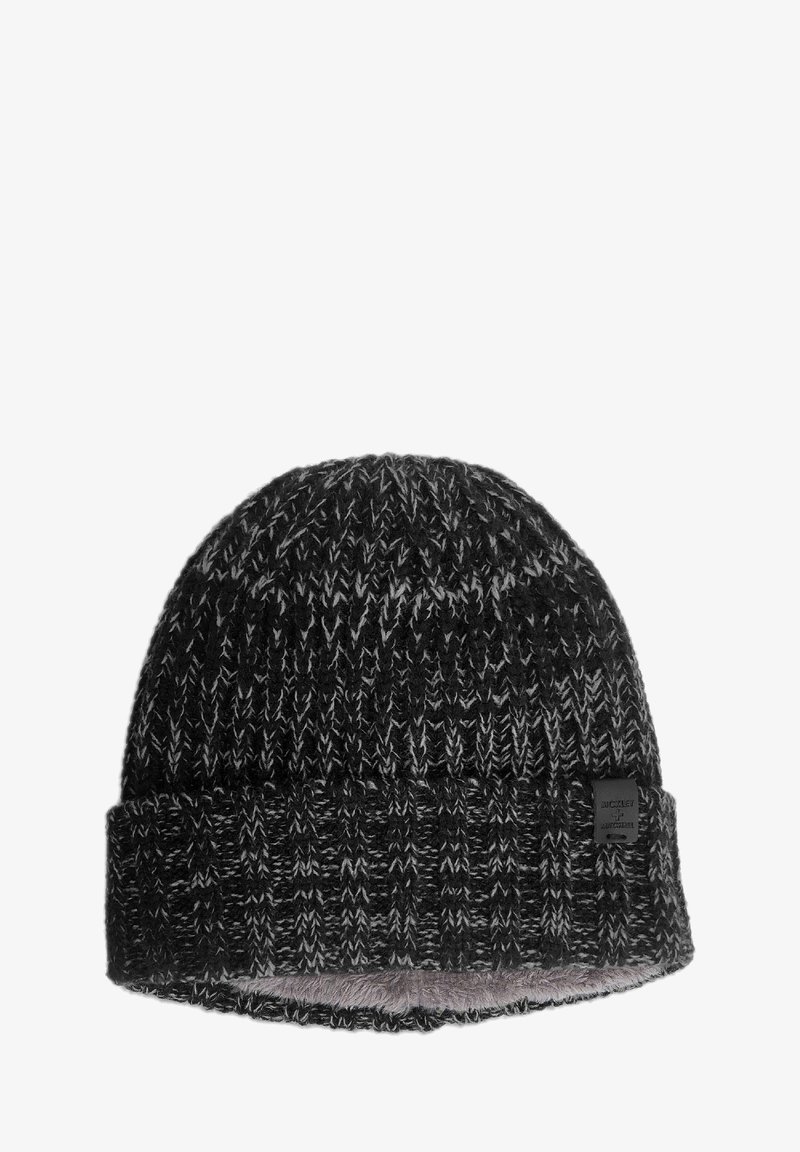 Knit beanie in black and gray, featuring a ribbed texture, foldable cuff, and a soft inner lining with a small brand tag.