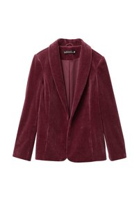 Bordeauxfarbener Cord-Blazer mit schmaler Silhouette, breiten Revers und subtiler vertikaler Rippung. Einfache Vorderansicht mit Schließung und ohne Taschen.