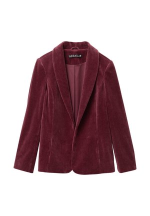 Blazer en velours côtelé bordeaux avec une silhouette ajustée, de larges revers et un léger côtelage vertical. Fermeture frontale simple et sans poches.