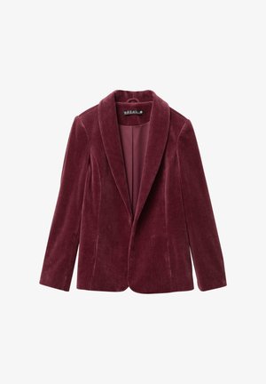 Bordeauxfarbener Cord-Blazer mit schmaler Silhouette, breiten Revers und subtiler vertikaler Rippung. Einfache Vorderansicht mit Schließung und ohne Taschen.