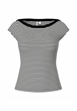 Haut ajusté à manches courtes rayé horizontal noir et blanc avec un large col noir.