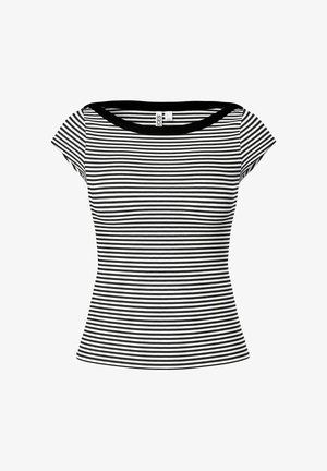Top aderente a maniche corte a righe orizzontali bianche e nere con ampia scollatura nera.
