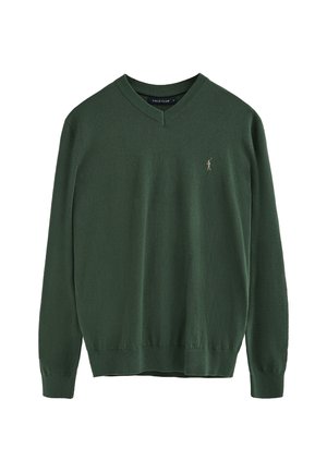 Suéter de manga larga en verde oscuro con escote en V, con un pequeño logotipo de un jugador de polo beige en el lado izquierdo del pecho, puños y bajo acanalados.