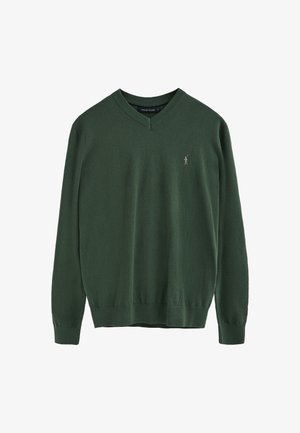 Maglione a maniche lunghe verde scuro con scollo a V e un piccolo logo di un giocatore di polo beige sul petto sinistro, con polsini e orlo a costine.