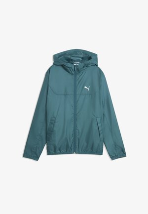 Veste légère à capuche de couleur bleu sarcelle avec une fermeture éclair intégrale à l'avant, deux poches latérales, des poignets élastiques et un petit logo Puma blanc sur la poitrine.