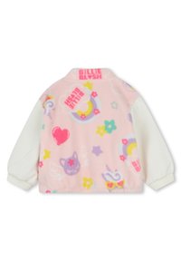 Giacca in pile rosa con maniche bianche, decorata con motivi colorati di arcobaleni, cuori, stelle e grafiche giocose. Logo sul colletto.