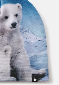 Beanie z grafiko polarnim medvedom na teksturiranem modrem ozadju, z malo črno oznako, ki jo dopolnjuje bela zvezda.