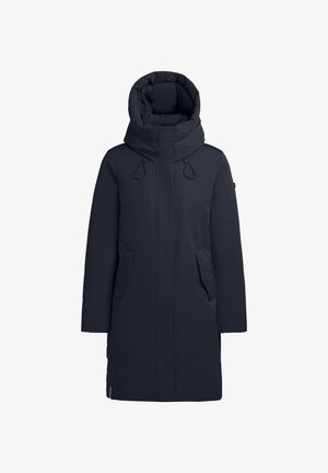 Abrigo largo azul marino con un alto cuello, gran capucha y dos bolsillos frontales. Presenta un diseño elegante y minimalista con material impermeable.