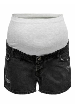 Sorte denim graviditetsshorts med en blød grå elastisk talje designet til at rumme en gravid mave.