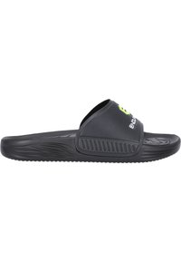 Svart slide-sandal med en strukturerad rem och sula, med en grön logodetalj. Tillverkad av syntetiskt material, platt och öppen design.