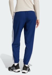 Blue athletic joggers with white side stripes, featuring an elastic waistband and cuffs. Paired with black sports shoes.