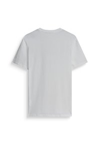 Camiseta blanca de algodón con mangas cortas, cuello redondo y un diseño simple; tejido liso y ligero sin patrones o acentos visibles.