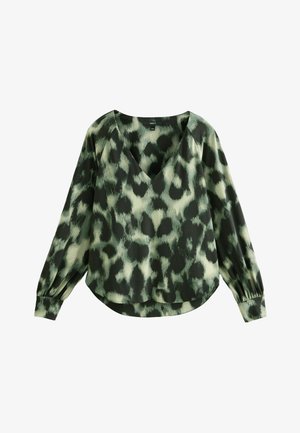 Groene en crèmekleurige blouse met patroon, lange mouwen, V-hals en een ontspannen pasvorm. Gemaakt van zachte, lichte stof met gathered manchetten.