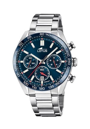 Steel chronograph watch with a blue dial, silver accents, tachymeter scale, three subdials, and metal bracelet. Features a date window.