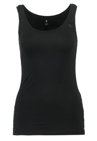 Top de tip tank, fără mâneci, de culoare neagră, fabricat dintr-un material neted, cu o decolteu rotund, o croială ajustată și un detaliu mic cu logo aproape de umăr.