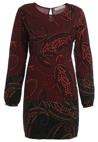 Abito bordeaux con maniche lunghe, scollatura rotonda e motivi di paisley arancione e motivi floreali. Tessuto morbido, vita aderente, lunghezza al ginocchio.