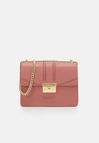 Rosa Leder-Crossbody-Tasche mit einer goldenen Kettenriemen, Verschluss mit Klappe und vertikalen Nähdetails. Markenname am unteren Ende angebracht.