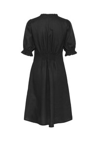 Schwarzes Kleid mit kurzen Puffärmeln, gesmocktem Taillenbereich und gerafftem Ausschnitt. Aus einem strukturierten Stoff gefertigt, der knapp über dem Knie endet.