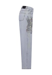 Light blue denim jeans with a straight cut, featuring a colorful graphic design of a skull and crown on the left leg.