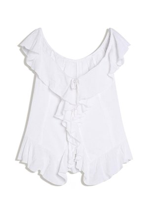 White sleeveless blouse with ruffled off-shoulder neckline and cascading ruffle details down the front and hem.