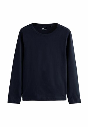 Marinblå långärmad t-shirt i ett mjukt, slätt tyg med rund halsringning och enkel design, utan synliga mönster eller detaljer.