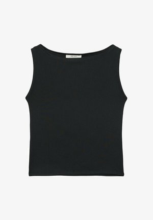 Top senza maniche nero realizzato in tessuto morbido, caratterizzato da un collo arrotondato e un design aderente senza motivi visibili o decorazioni.