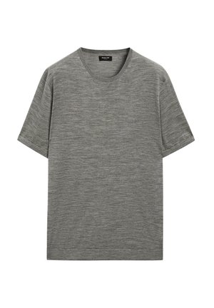 Grijze t-shirt met korte mouwen en ronde hals, gemaakt van een gestructureerde stof, met een recht model en een minimalistisch ontwerp.