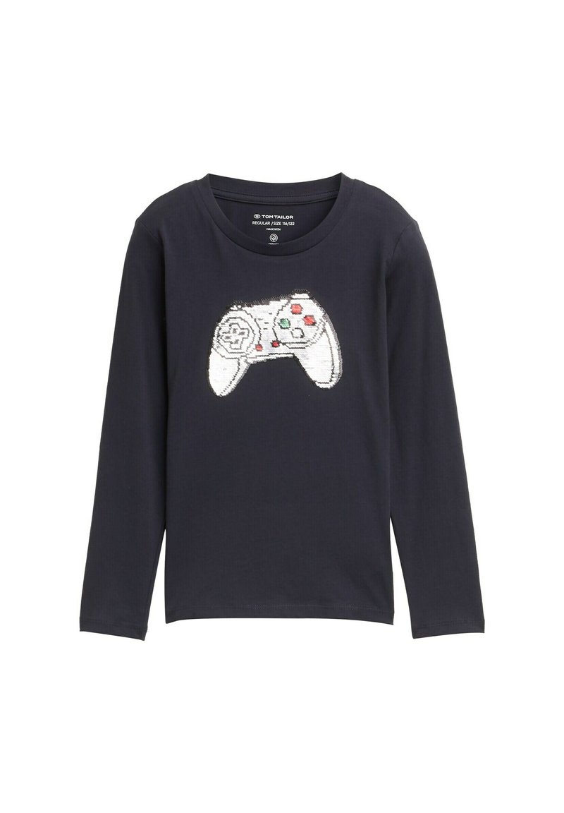 Marineblauw shirt met lange mouwen van katoen, met een grafische afbeelding van een gamecontroller in wit, rood en groen aan de voorkant, ronde halslijn.