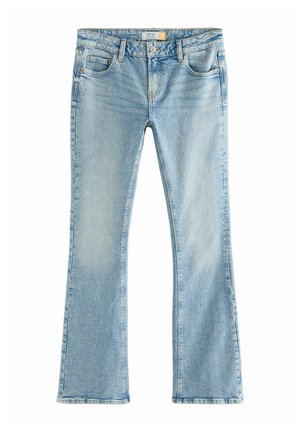 Uitgebrede jeans van lichtblauwe denim, met een klassiek vijf-pocket ontwerp, zichtbare stiksels en een ruwe zoom bij de broekspijpen.