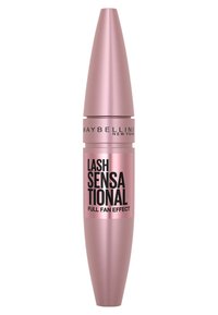 Mascara Maybelline Lash Sensational in un tubo rosa a punta con testo nero, caratterizzato da una finitura opaca liscia e un'etichetta prominente.