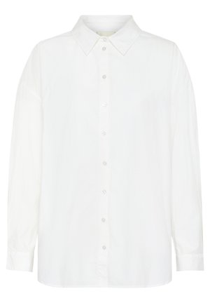 White long-sleeve button-up shirt made of lightweight fabric, featuring a classic collar and a straight cut with a relaxed fit.