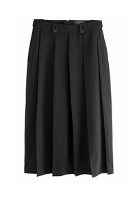 Sorte plisserede culottes lavet af glat stof, med en knaplukning i taljen, brede ben og en skræddersyet design uden lommer.