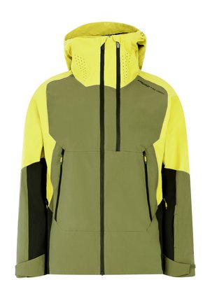 Green and yellow waterproof jacket with a hood, featuring zippered pockets, a structured design, and contrasting black accents.