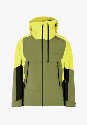 Green and yellow waterproof jacket with a hood, featuring zippered pockets, a structured design, and contrasting black accents.