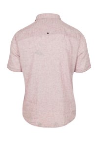 Korte mouwen, overhemd met kraag in een lichtroze, gestructureerde stof, met een achterste passer en een klein zwart knoopdetail.