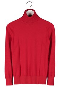 Roter Rollkragenpullover aus weichem Stoff, mit langen Ärmeln, taillierter Passform, gerippten Bündchen und einem hohen Kragen für zusätzliche Wärme.