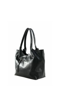 Sac fourre-tout en cuir noir avec deux bandoulières, poche zippée à l'avant, texture douce et forme grande et souple. Aucun motif visible.